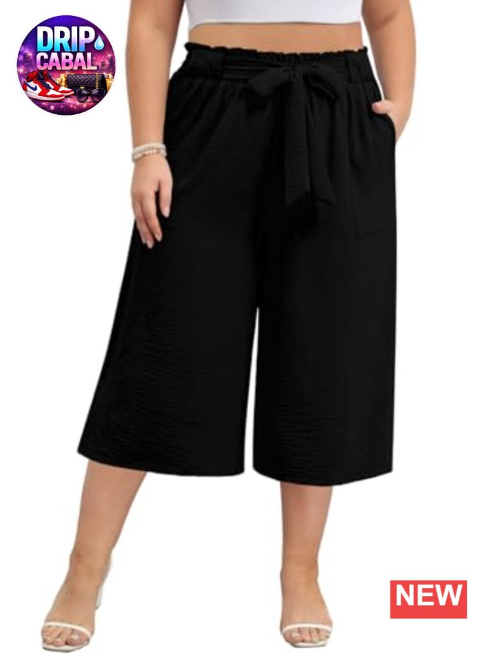 Plus Size Wide Leg High Waisted Capri Pants Palazzo Cropped Trousers with